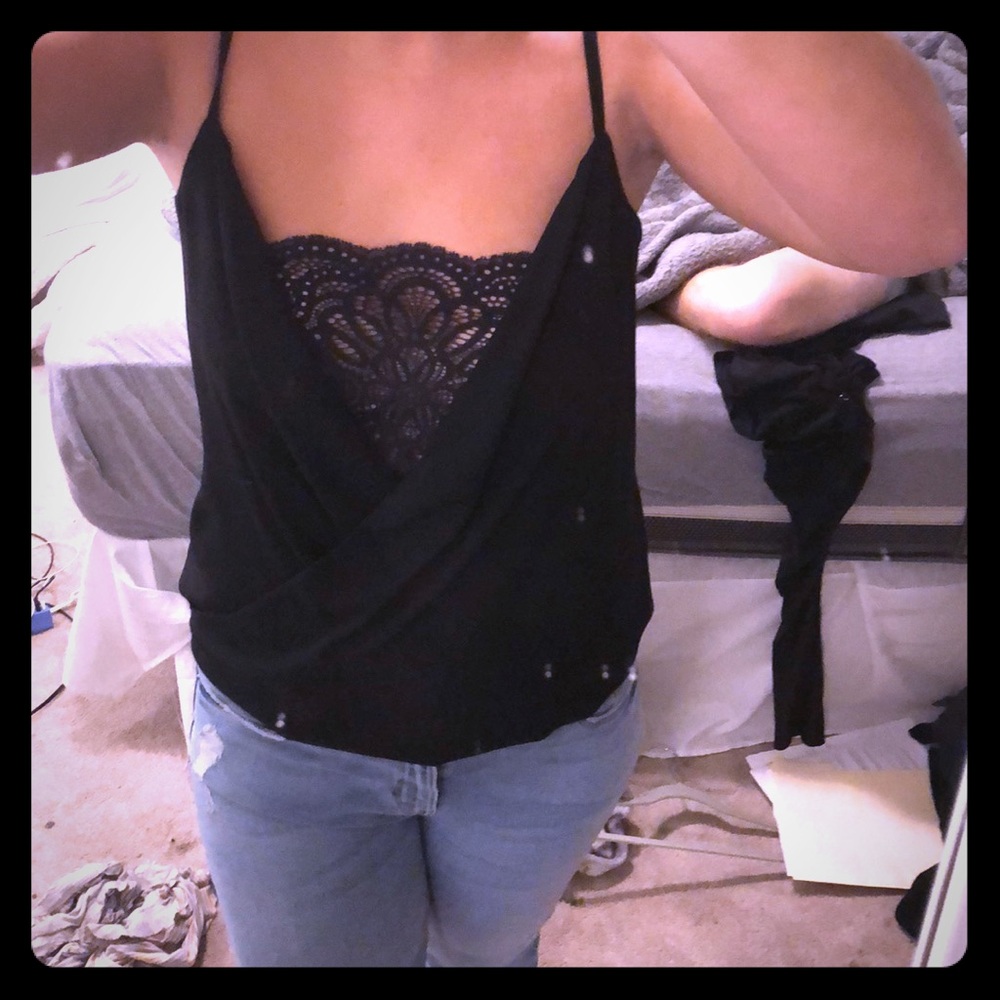 V cut black tank top